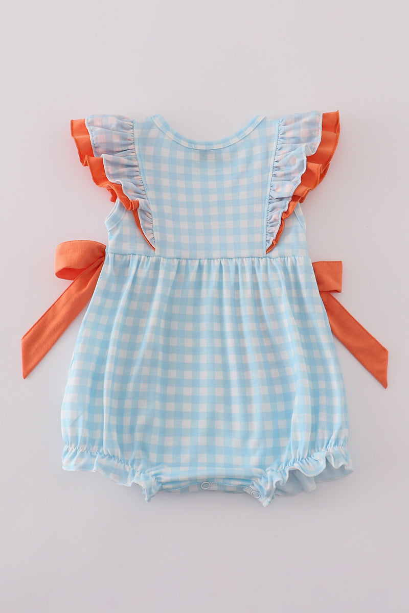 Blue Gingham Dinosaur Embroidery Bubble Romper – Baby Girl