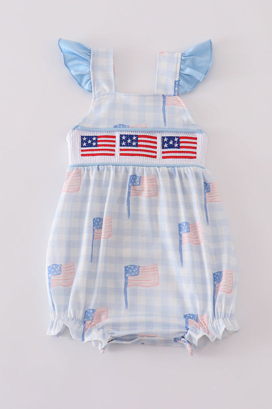 Red, White, and Blue Flag Embroidery Smocked Gingham Bubble Romper – Baby Girl