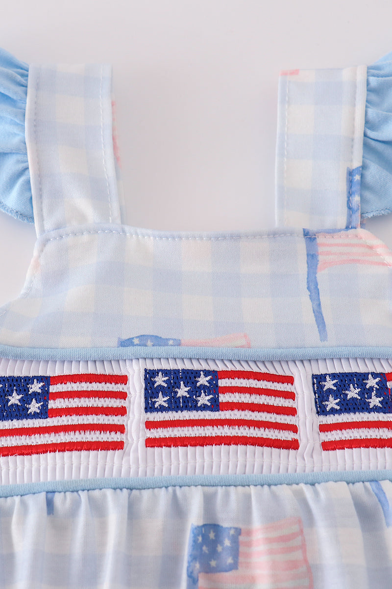 Red, White, and Blue Flag Embroidery Smocked Gingham Bubble Romper – Baby Girl