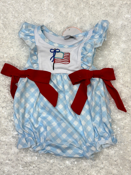 Red, White, and Blue Flag Embroidery Bow Gingham Bubble – Baby Girl