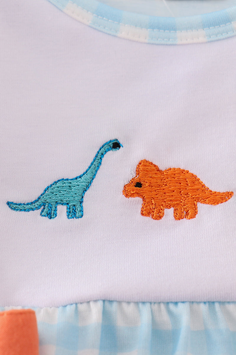 Blue Gingham Dinosaur Embroidery Bubble Romper – Baby Girl