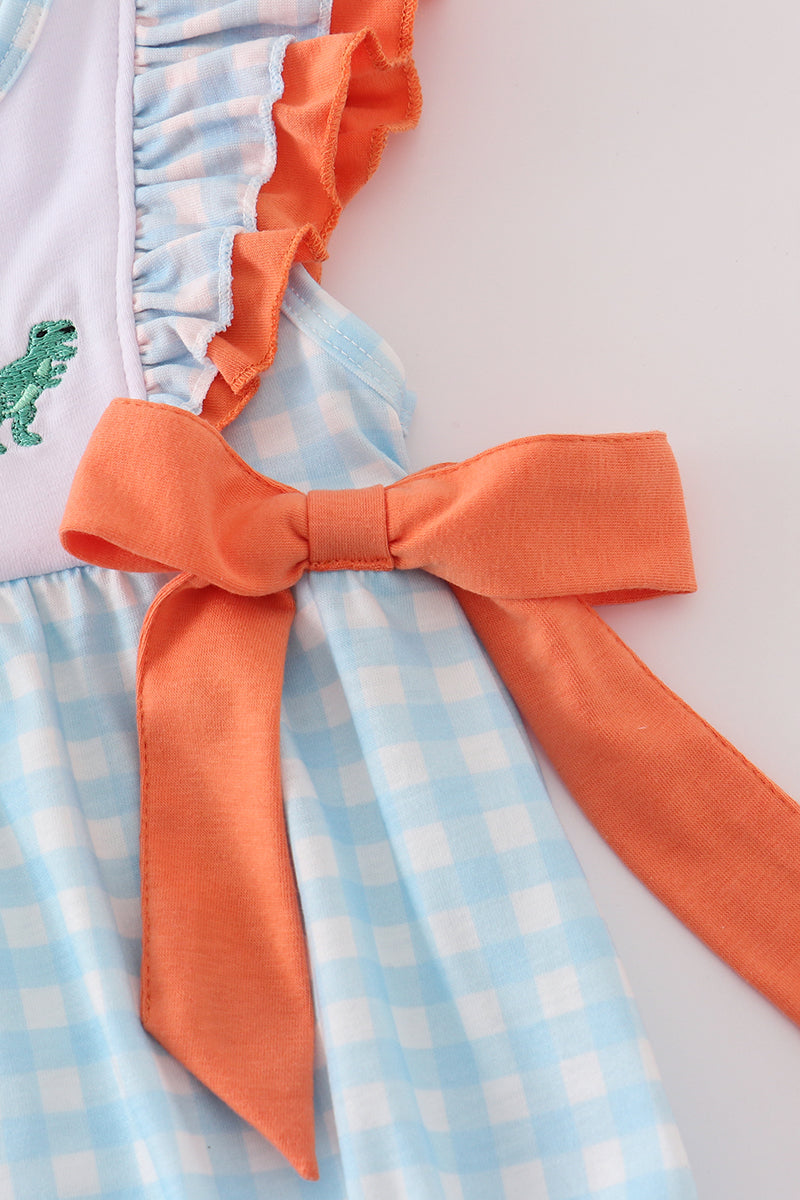 Blue Gingham Dinosaur Embroidery Bubble Romper – Baby Girl