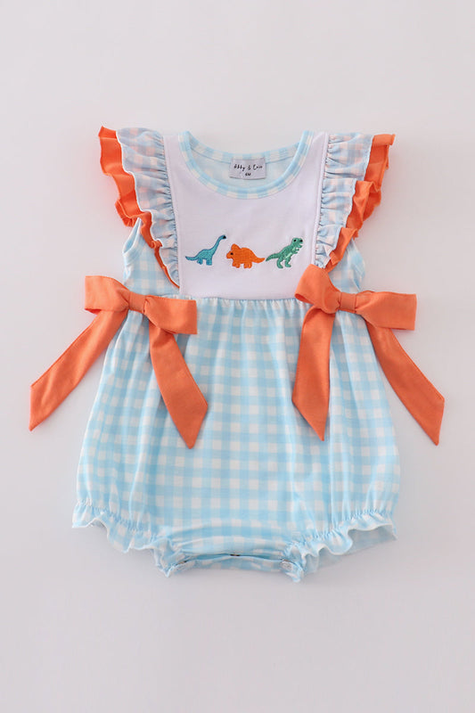 Blue Gingham Dinosaur Embroidery Bubble Romper – Baby Girl