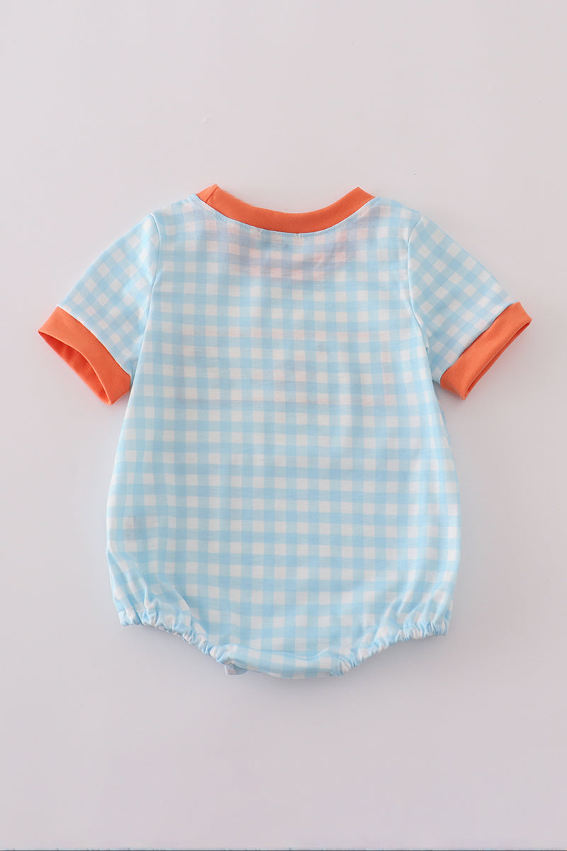Blue Gingham Dinosaur Embroidery Bubble Romper – Baby