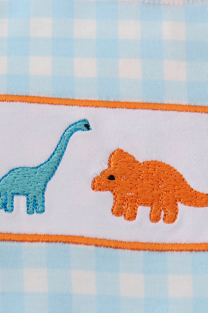 Blue Gingham Dinosaur Embroidery Bubble Romper – Baby
