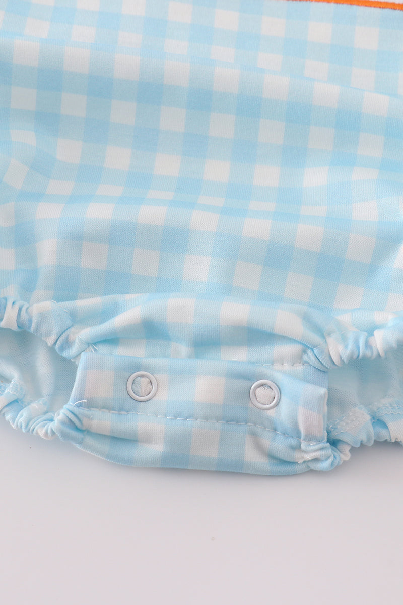 Blue Gingham Dinosaur Embroidery Bubble Romper – Baby
