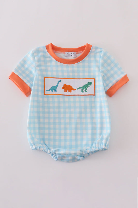 Blue Gingham Dinosaur Embroidery Bubble Romper – Baby