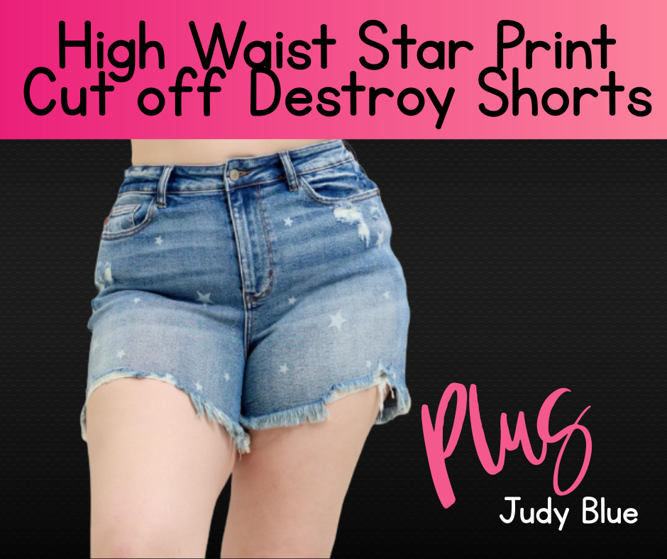 Judy Blue Plus HW Star Print Cut Off Destroy Shorts